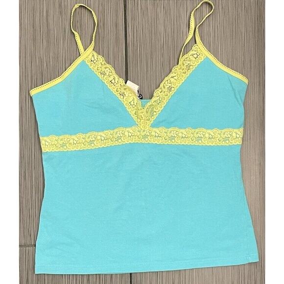 Rave Tops - Vintage Rave Stretch Lace Trimmed Cami Size XL Blue/Yellow Cotton/Spandex